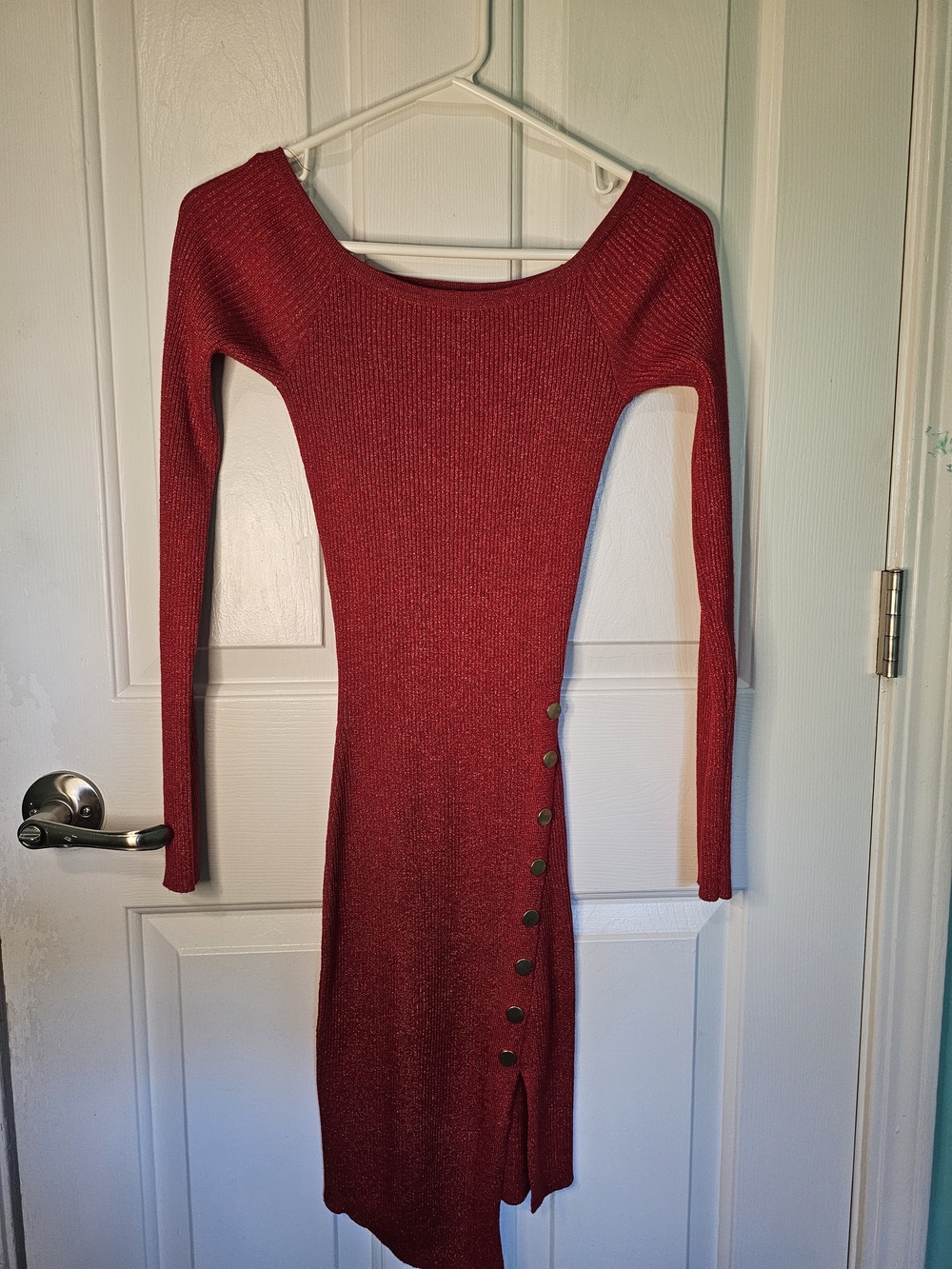 Jolie and Joy Glittery Red Ribbed Long Sleeve Button-Side Bodycon Dress Sz S